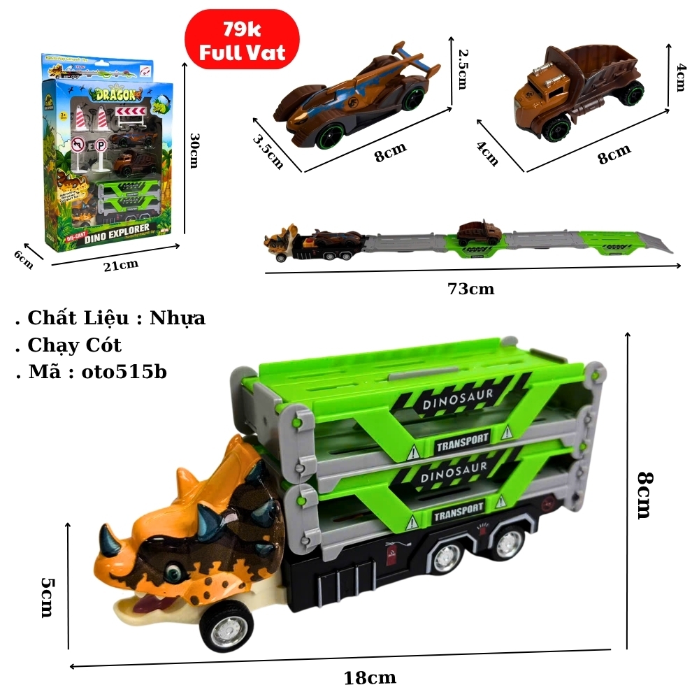 Mô Hình Xe Khủng Long dinosaur đường ray  - bánh sau chạy cót - Dài 18cm - rộng 5cm - cao 8cm - FULL BOX : box màu SKU : oto515b -  ( VAT : DC00 )  - K56-T4-S3
