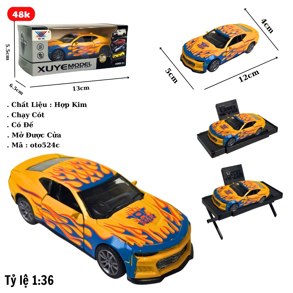 Mô Hình Oto Đua vàng họa tiết lửa . tỉ lệ 1:36 - Chạy Cót - Có Kèm Đế - Dài 12cm - rộng 5cm - cao 4cm - nặng : 400gram - FULL BOX . SKU : oto524c - K114A72 ( VAT : 003-01-35 ) - K53-T3-S8