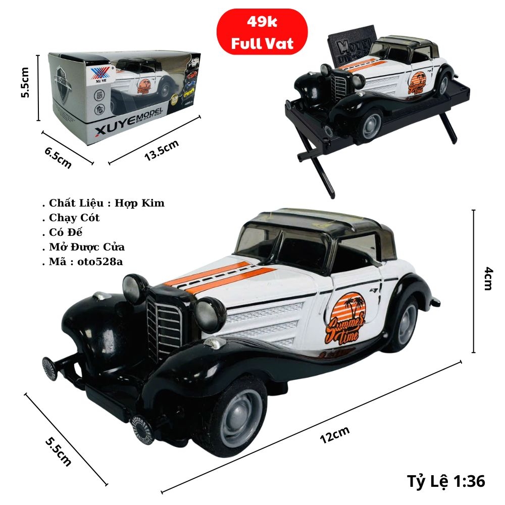 Mô Hình Xe cổ màu trắng tỉ lệ 1:36 Hợp kim có thể mở cửa - bánh sau chạy cót - Dài 12.5cm - rộng 5.5cm - cao 4cm - nặng : 300gram - FULL BOX : box màu SKU : oto528a -( VAT : 003-01-35 ) - K52-T4-S1
