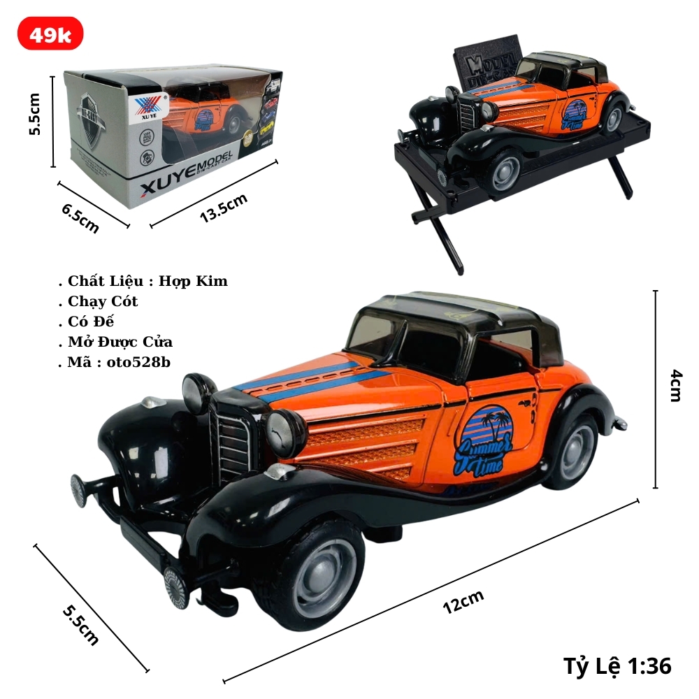Mô Hình Xe cổ màu cam tỉ lệ 1:36 Hợp kim có thể mở cửa - bánh sau chạy cót - Dài 12.5cm - rộng 5.5cm - cao 4cm - nặng : 300gram - FULL BOX : box màu SKU : oto528b -( VAT : 003-01-35 ) - K52-T4-S2