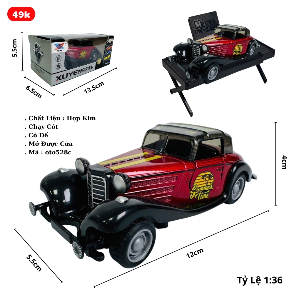 Mô Hình Xe cổ màu đỏ tỉ lệ 1:36 Hợp kim có thể mở cửa - bánh sau chạy cót - Dài 12.5cm - rộng 5.5cm - cao 4cm - nặng : 300gram - FULL BOX : box màu SKU : oto528c ( VAT : 003-01-35 ) - K52-T4-S3