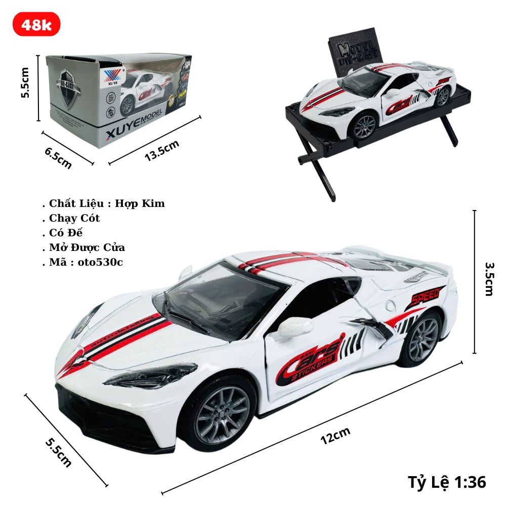 Mô Hình Xe ferari trắng họa tiết tỉ lệ 1:36 Hợp kim có thể mở cửa - bánh sau chạy cót - Dài 12.5cm - rộng 5.5cm - cao 3.5cm - nặng : 300gram - FULL BOX : box màu SKU : oto530c - K52-T2-S6