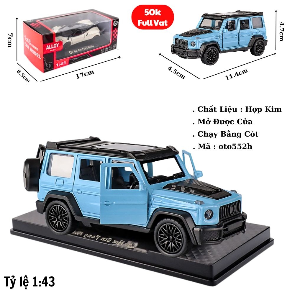 Mô Hình Xe Mẹc g63 xanh trời  tỉ lệ 1:43 Hợp kim có thể mở cửa - bánh sau chạy cót - Dài 11.4cm - rộng 4.5cm - cao 4.7cm - FULL BOX : box màu SKU : oto552h - (VAT: 003-01-35) - K54-T3-S2