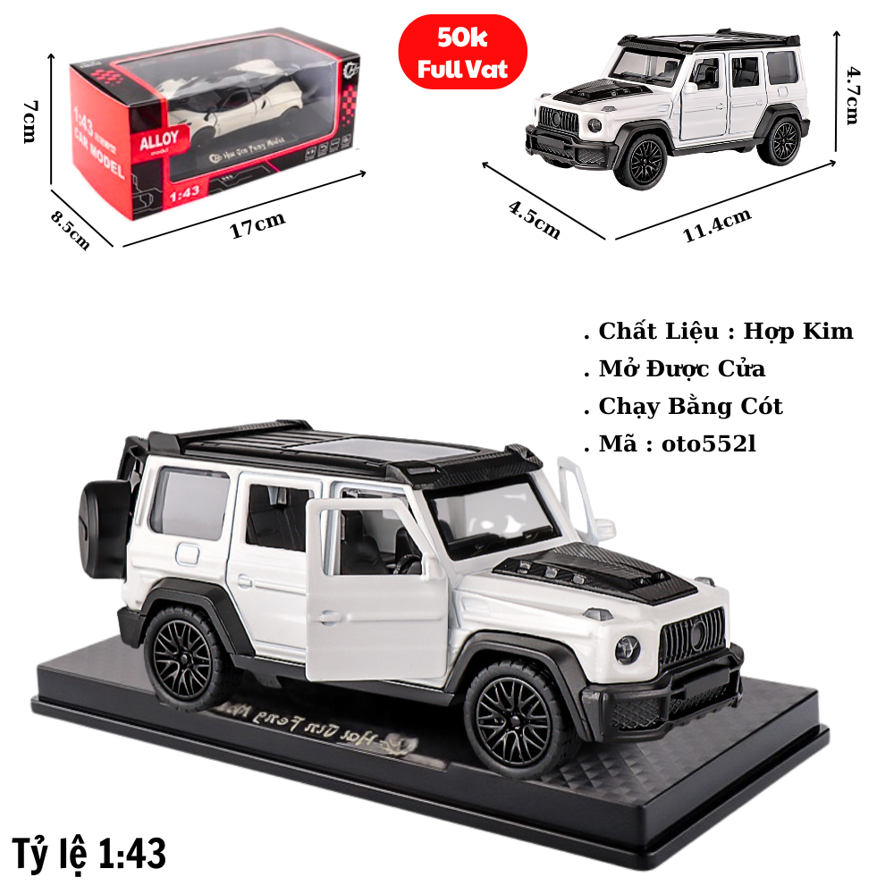 Mô Hình Xe Mẹc g63 màu trắng tỉ lệ 1:43 Hợp kim có thể mở cửa - bánh sau chạy cót - Dài 11.4cm - rộng 4.5cm - cao 4.7cm - FULL BOX : box màu SKU : oto552l - (VAT: 003-01-35) - K54-T2-S5