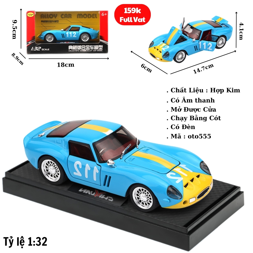 Mô Hình Xe Ferrari 250 GTO , tỉ lệ 1:32 Hợp kim có thể mở cửa - bánh sau chạy cót - Dài 14.7cm - rộng 6cm - cao 4.1cm - FULL BOX : box màu SKU : oto555  - ( VAT : 003-95 )- K54-T1-S9