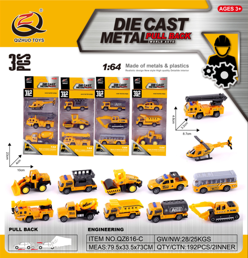 Bộ 3 xe phương tiện công trình xây dựng hợp kim , tỉ lệ 1:64 - Dài 8.7cm - rộng 3.2cm - cao 4.6cm- SKU : oto-QZ616-C - ( Vat : 003-03-30 )