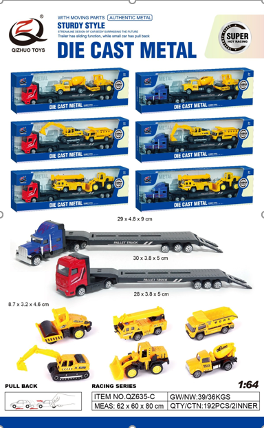 Mô Hình xe container chở xe xây dựng , tỉ lệ 1:64, chất liệu hợp kim và nhựa - Dài 29cm - rộng 4.8cm - cao 9cm - SKU : oto-QZ635-C -( Vat : 003-01-35 ) - T4