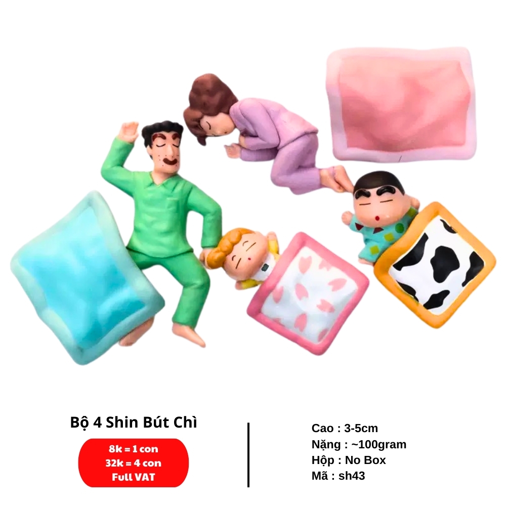 ( Giá 1 con - Bộ 4 con - Đặt Số Lượng 4 ) Mô hình Bộ 4 Gia Đình Shin Bút Chì Nằm Ngủ - Ngang 3-5cm - Dọc 5-8cm - nặng 100gram - Figure Shin - No Box -(VAT : 48492) -  K33-T3-S8