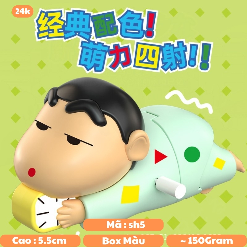 mô hình shin bút chì nằm bò chạy cót áo xanh nhạt - cao : 5.5cm dài 10cm - figure shin - hộp màu N1
