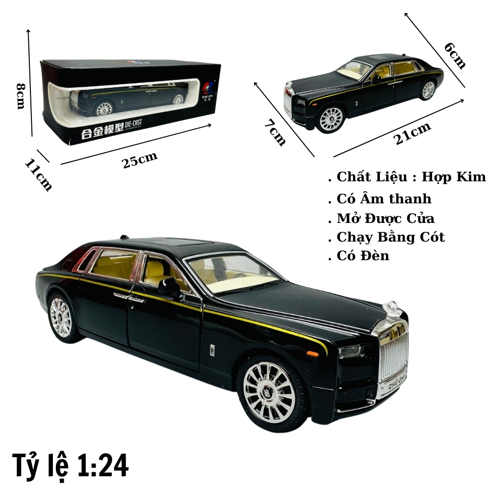 Mô Hình Xe Roll royce đen 1.24 Hợp kim có thể mở cửa - bánh sau chạy cót - Có tiếng - đèn pha sáng - Dài 21cm - rộng 7cm - cao 6cm - nặng ~ 1000gram - FULL BOX : box màu SKU : oto176 - (VAT: 003-01-180) - K65-T5-S9