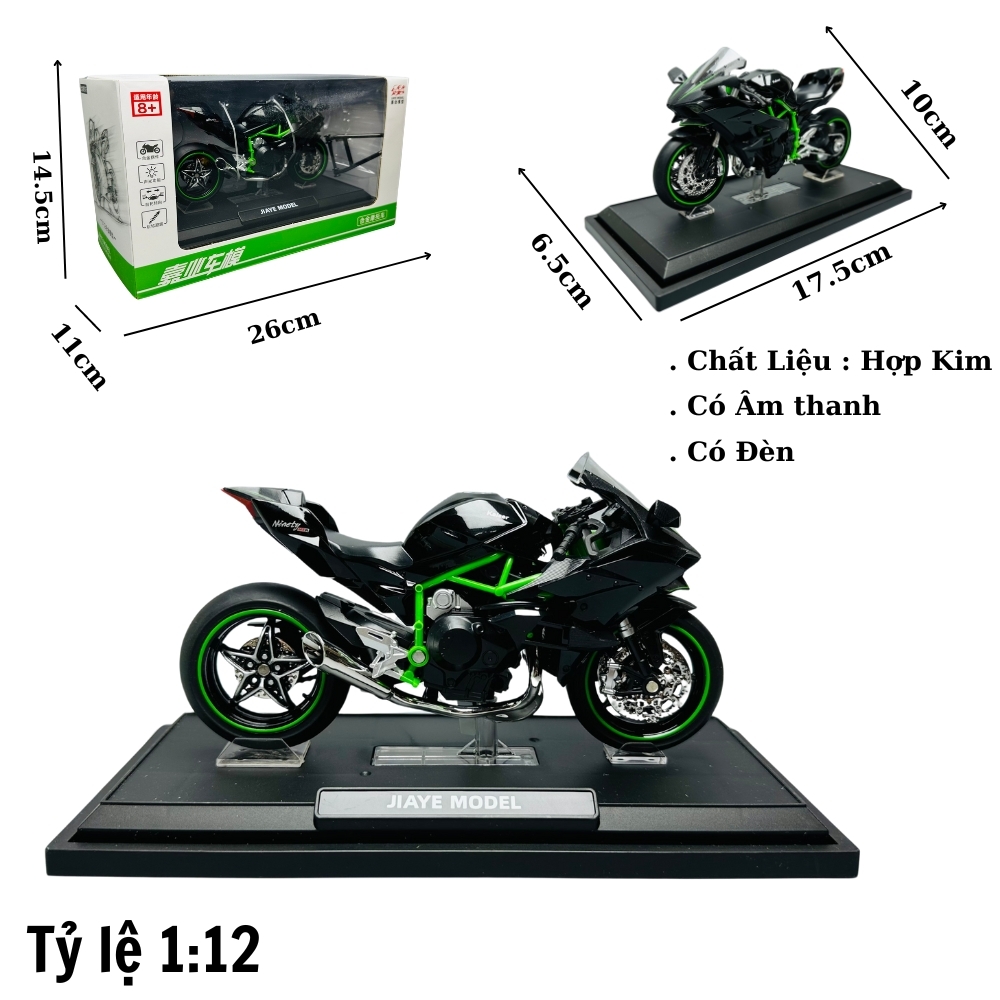 Mô Hình Xe máy ninja H2R 1:12 Hợp kim - Có tiếng - đèn pha sáng - Dài 17. 5cm -  rộng 6. 5cm - cao 10cm  - nặng ~ 700gram - FULL BOX : box màu SKU : oto-VB12023- ( VAT : 003-09-130 ) - K24-T2-S7