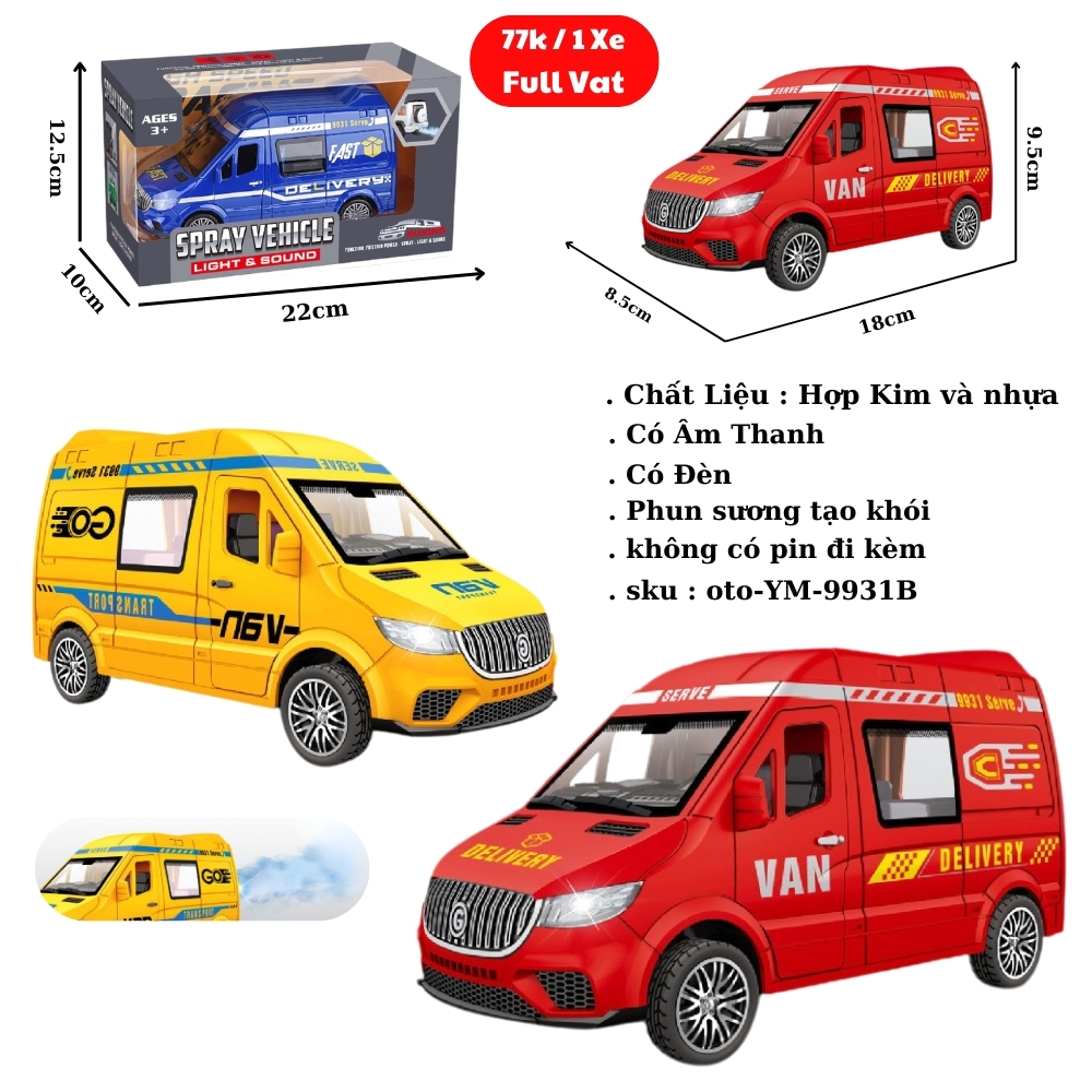 Mô Hình xe tải VAN phun khói nhiều màu sắc . Có âm thanh - Dài 18cm - rộng 8.5cm - cao 9.5cm - FULL BOX : box màu SKU : oto-YM-9931B - ( Vat : DC00 )