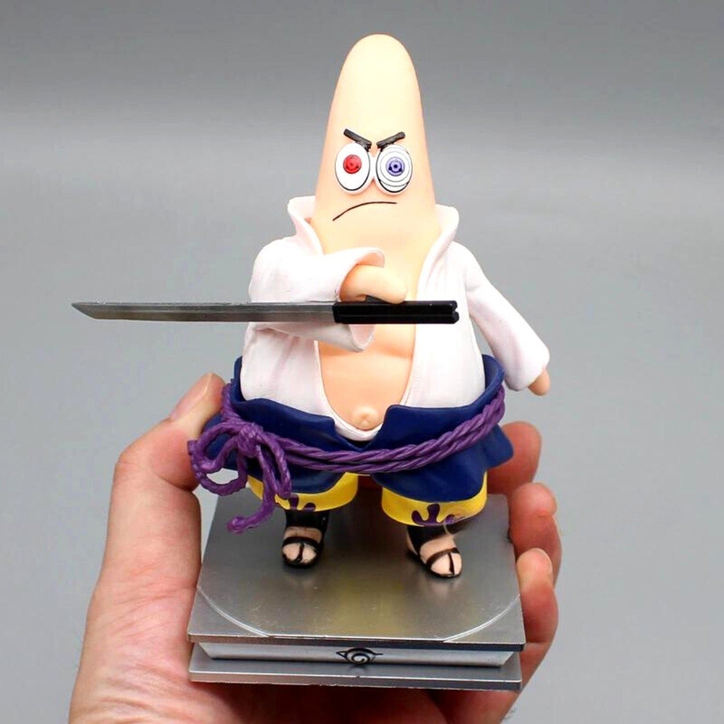 Mô hình Patrick Star Cosplay Sasuke - Cao 14cm - nặng 230gram - Phụ kiện : có đế đi kèm + Kiếm - Có Box + Bọc túi nilon - Figure Naruto - Có Hộp Màu