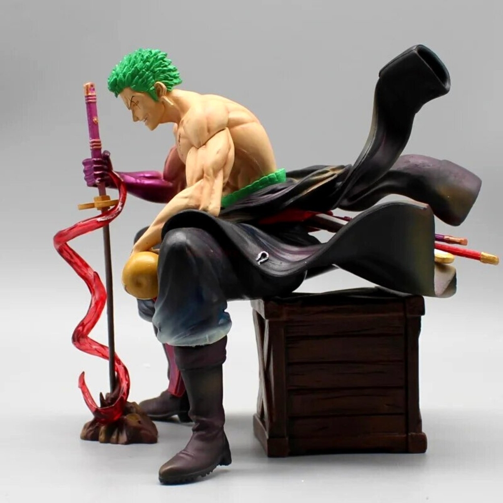 Mô Hình OnePiece Zoro cầm kiếm enma ngồi - Cao 14,5cm - rộng 13cm - nặng 520gram - Phụ kiện : 2 đầu + 1 kiếm + thùng gỗ ngồi , Figure OnePiece -  có hộp màu N2