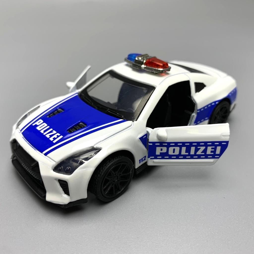 Mô Hình xe NISSAN police  GTR tỉ lệ 1:43 Hợp kim có thể mở cửa - bánh sau chạy cót - Dài 10cm - cao 3cm - nặng 200gram - Figure Oto - FULL BOX : box màu - K69-T2-S10