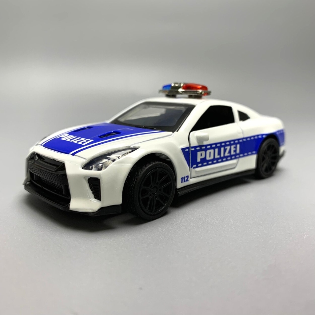Mô Hình xe NISSAN police  GTR tỉ lệ 1:43 Hợp kim có thể mở cửa - bánh sau chạy cót - Dài 10cm - cao 3cm - nặng 200gram - Figure Oto - FULL BOX : box màu - K69-T2-S10