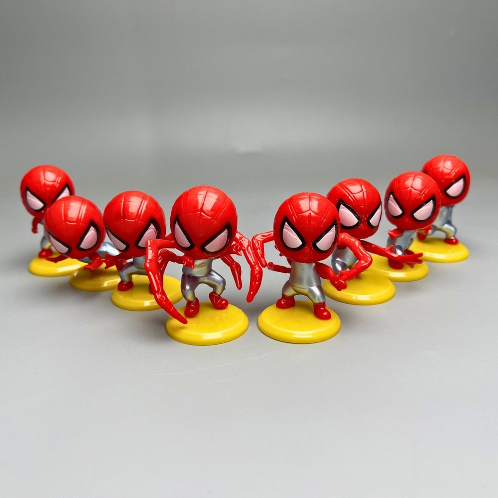 Bộ 8 spider man chibi - Cao 4-5cm - nặng 50gram - Phụ kiện : đế + chân nhện - No box : bọc túi OPP