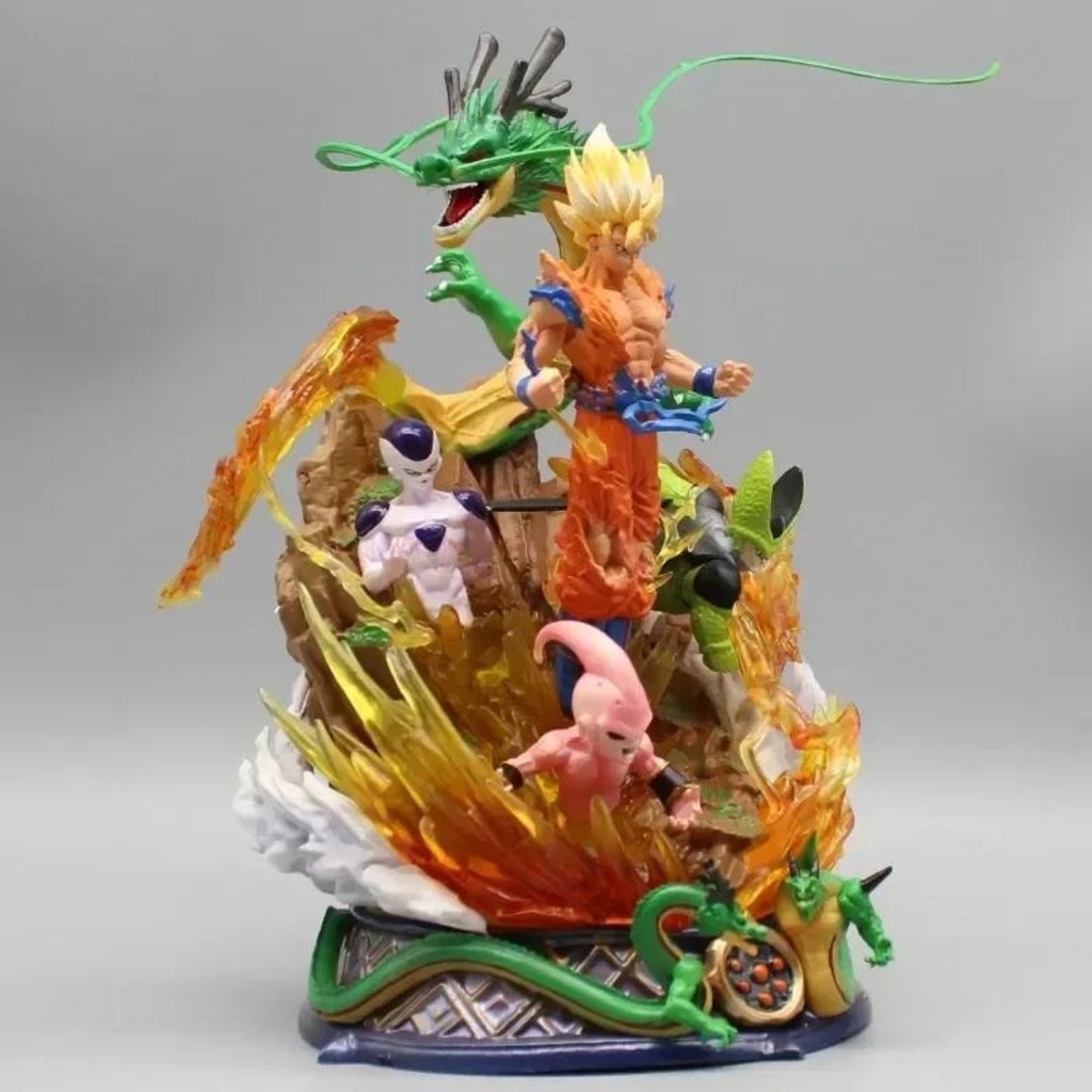 Mô hình DragonBall Goku quấn rồng đại chiến Majinbuu , Cell , frieza - Cao 23cm - nặng 1kg - Dragon Ball - có hộp màu