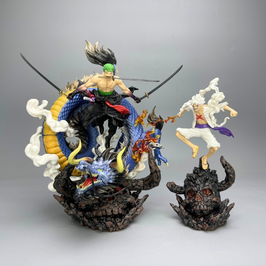 Mô Hình OnePiece 2 trong 1 Luffy gear 5 và Zoro enma đại chiến kaido rồng - Cao 20cm - ngang 15cm Nặng tổng thể : 350gram - Phụ kiện : 3 kiếm + 1 đảo đầu lâu + mô hình Luffy và Zoro -no box  N4-k14
