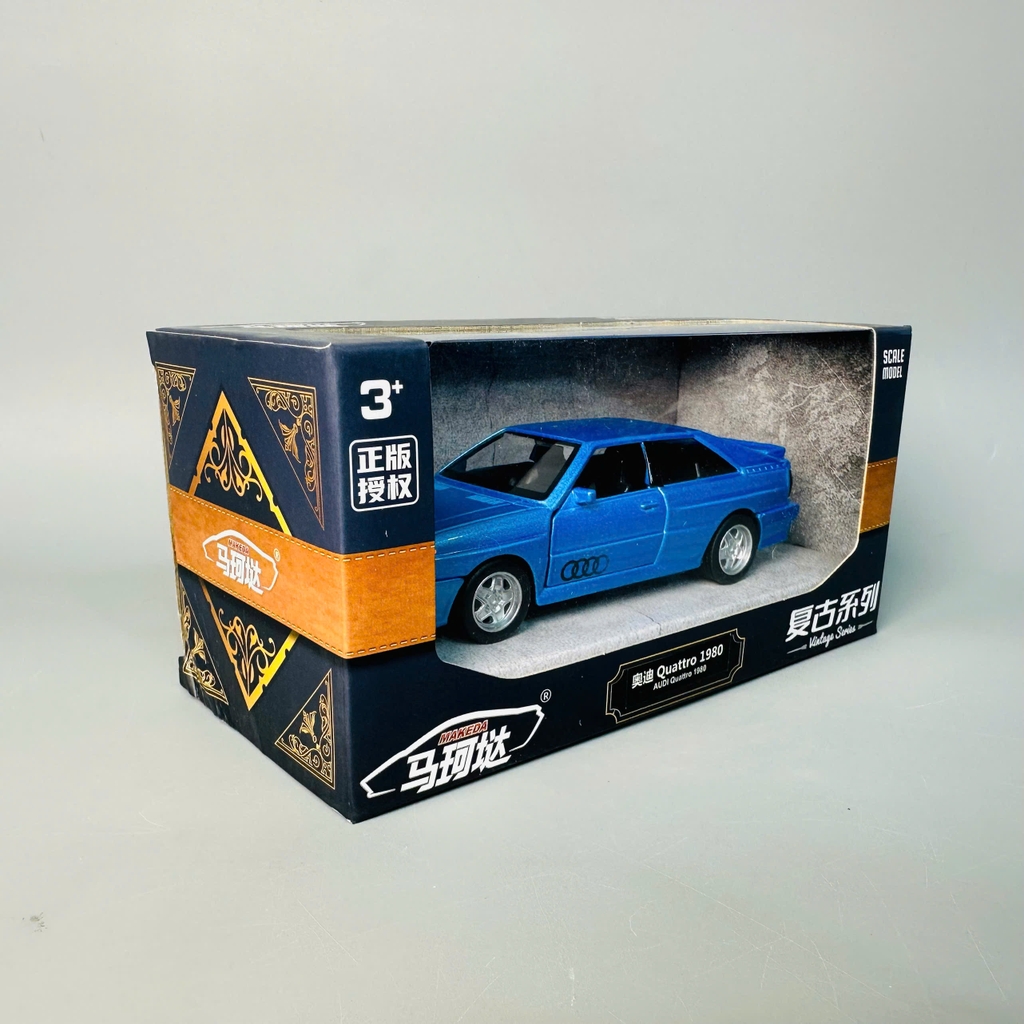 Mô Hình xe Audi Quattro 1980 xanh tỉ lệ 1:32 Hợp kim có thể mở cửa - bánh sau chạy cót - Dài 12cm - rộng 4.5cm - cao 3.5cm - nặng : 300gram - FULL BOX : box màu SKU : oto449 - K70-T4-S6