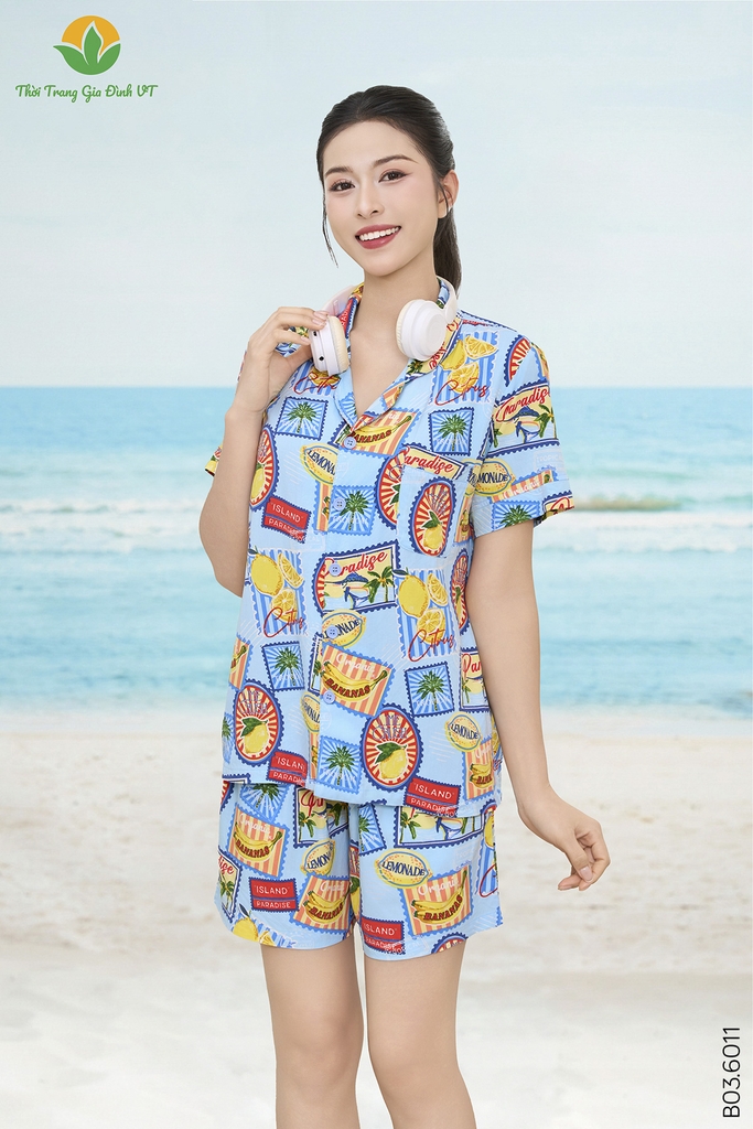 Bộ pijama lanh nữ quần đùi áo cộc tay gia đình