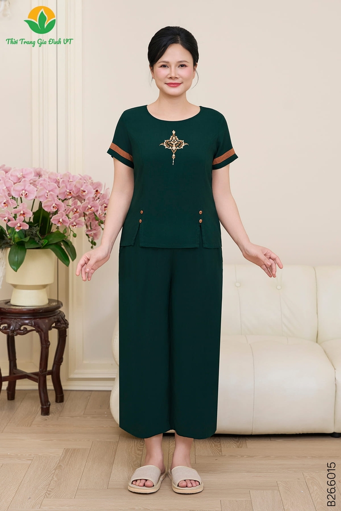 Bộ lanh trung niên quần lửng dài áo cộc tay