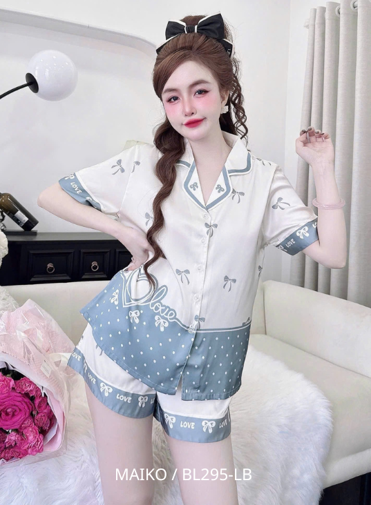 BỘ LỤA TƠ TẰM QUẦN ĐÙI ÁO CỘC TAY IN NƠ M/L/XL