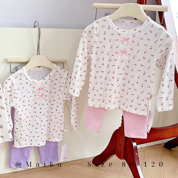 Bộ cotton 4 chiều chấm bi hoa Bé gái size 80/120