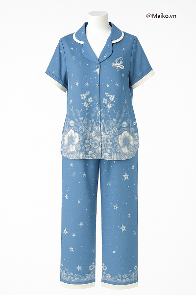 Bộ lụa Satin pijama quần dài áo cộc hoạ tiết cao cấp