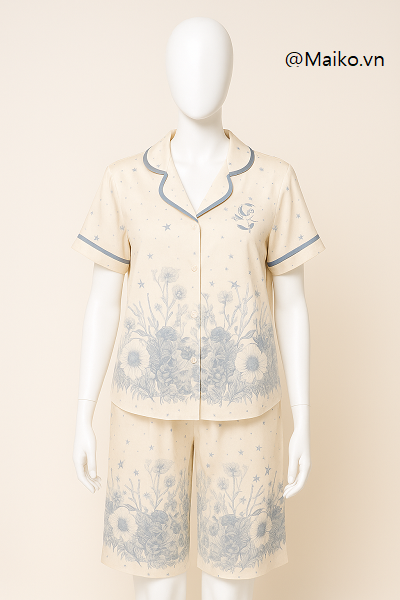 Bộ lụa satin pijama quần lửng áo cộc tay cao cấp BL375
