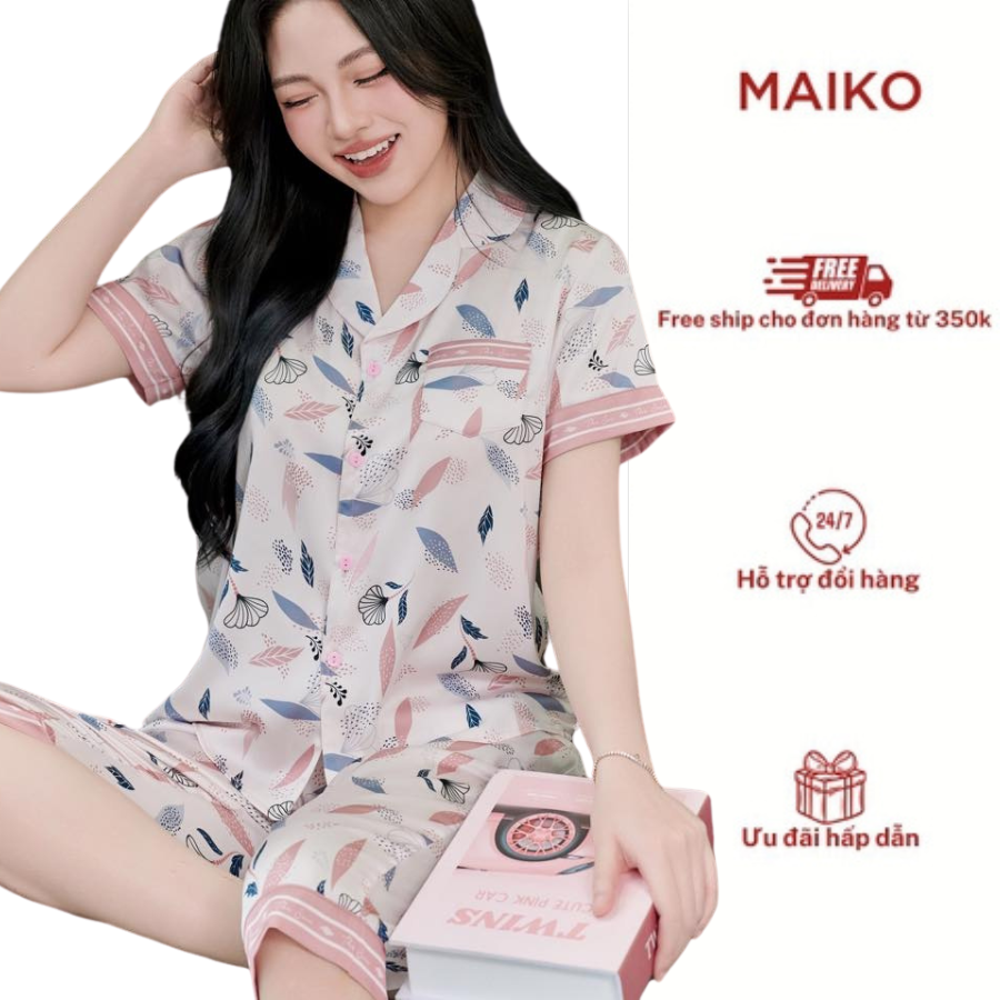 Bộ lụa satin pijama quần lửng áo cộc tay cao cấp BL375