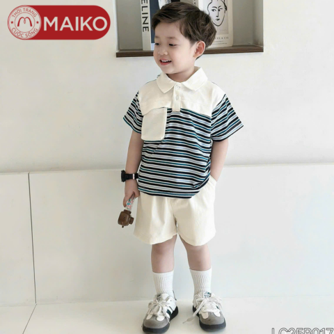 Set Bộ cộc tay Polo kẻ túi hộp Bé Trai LC25B017