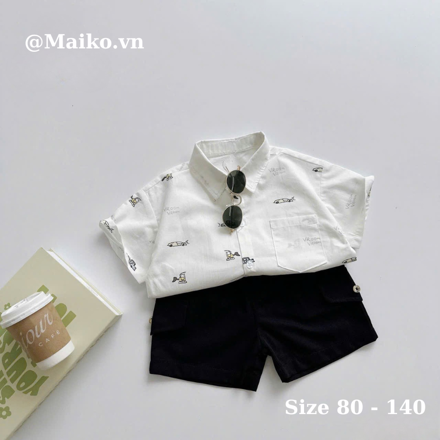 Set sơ mi trắng hoạ tiết oto, vũ trụ 80/140