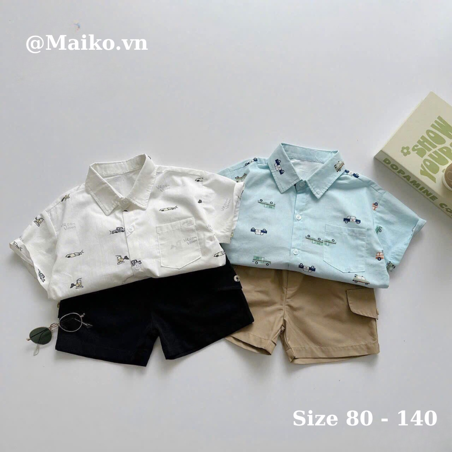 Set sơ mi trắng hoạ tiết oto, vũ trụ 80/140