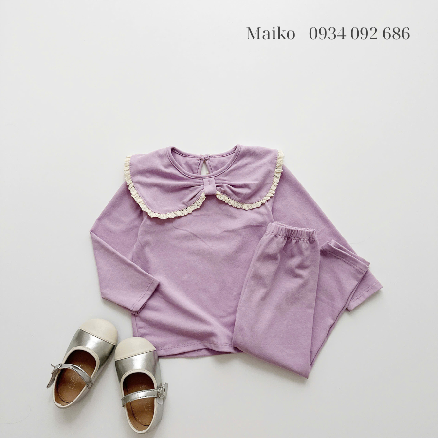 Bộ cotton 4 chiều cổ nơ Bé gái size 80-120