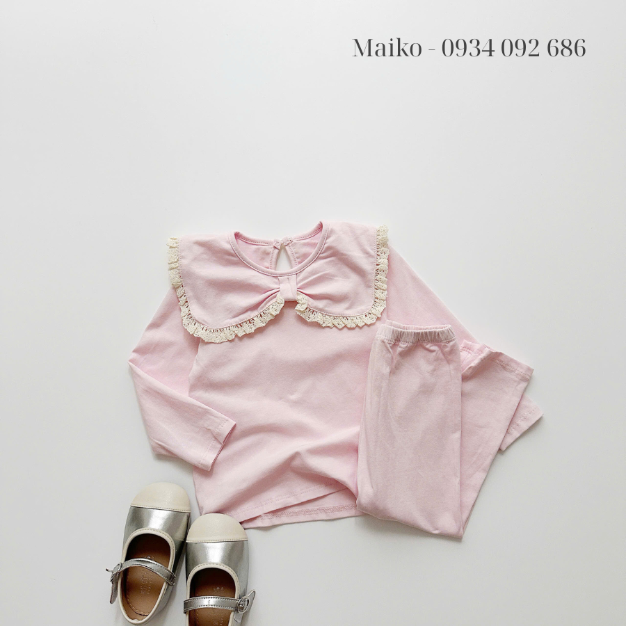 Bộ cotton 4 chiều cổ nơ Bé gái size 80-120