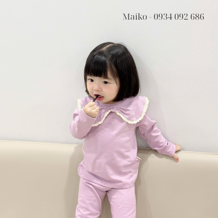Bộ cotton 4 chiều cổ nơ Bé gái size 80-120