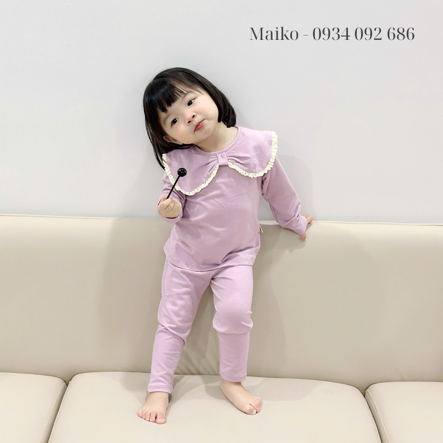 Bộ cotton 4 chiều cổ nơ Bé gái size 80-120