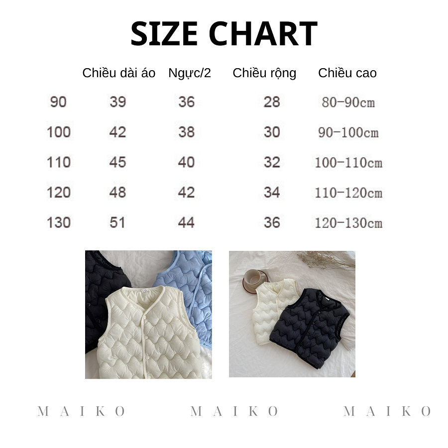 Áo gile phao trơn quả trám Bé trai/Bé gái từ 1-5 Tuổi