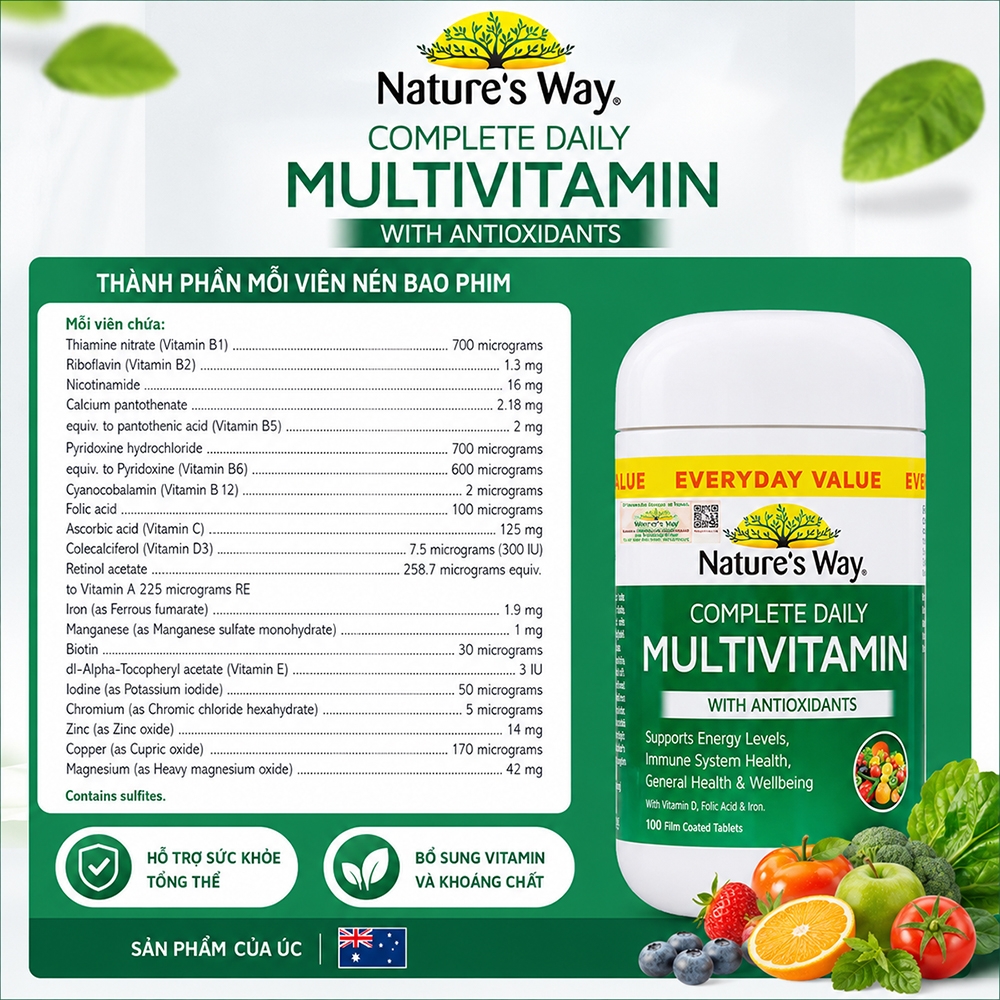 Viên Uống Vitamin Tổng Hợp Hữu Cơ Nature’s Way Complete Daily Multivitamin (100 Viên)