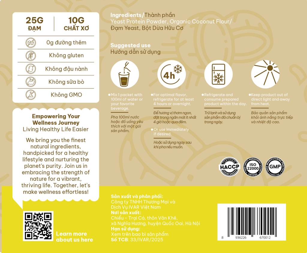 Bột đạm Yeast Hero Overnight Protein, hộp 20 gói