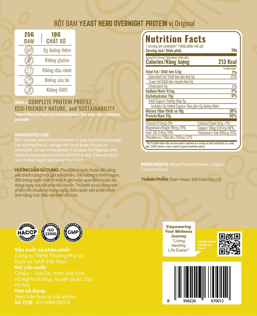 Bột đạm Yeast Hero Overnight Protein, hộp 20 gói