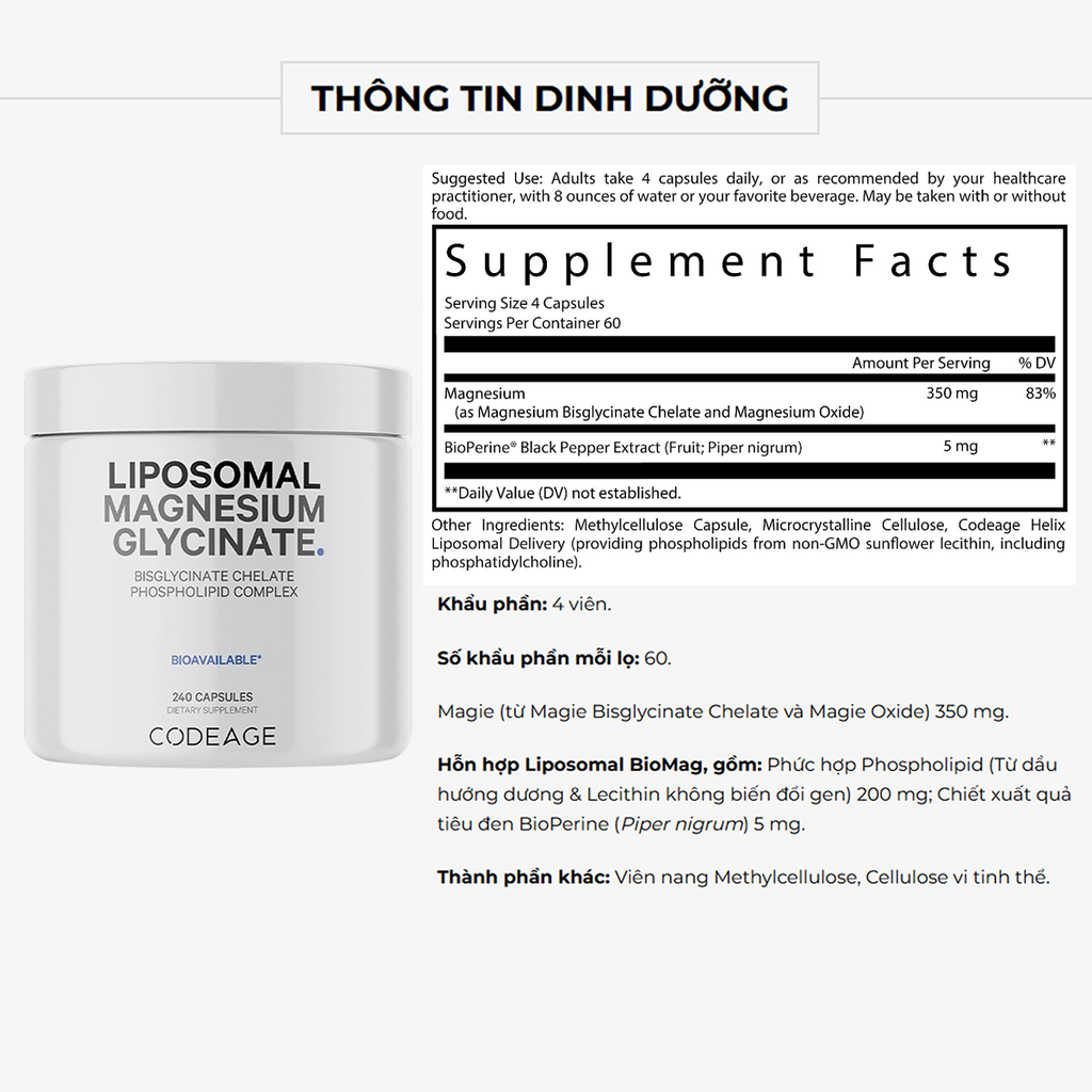 Codeage Liposomal Magnesium Glycinate, 240 Viên
