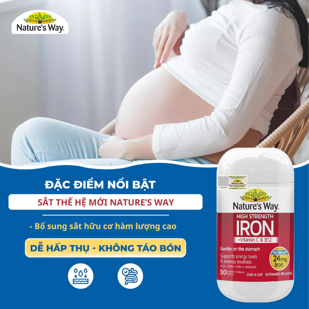 Viên Uống Bổ Sung Sắt Hữu Cơ Nature’s Way High Strength Iron, Vitamin C Và B12 (30 Viên)