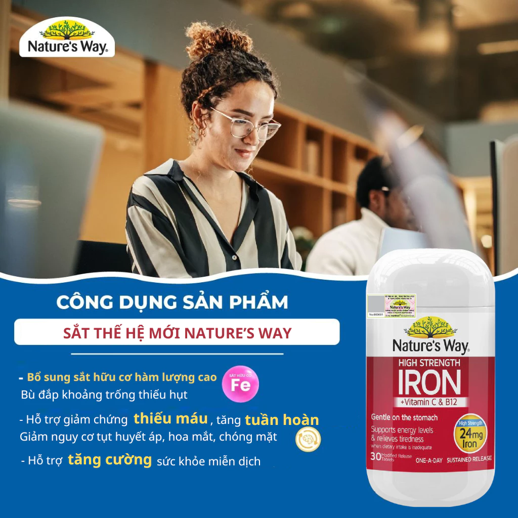 Viên Uống Bổ Sung Sắt Hữu Cơ Nature’s Way High Strength Iron, Vitamin C Và B12 (30 Viên)