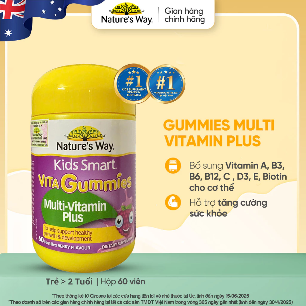 Kẹo dẻo Nature's Way Vita Gummies MultiVitamin Plus Bổ sung Vitamin & Khoáng Chất 60 viên