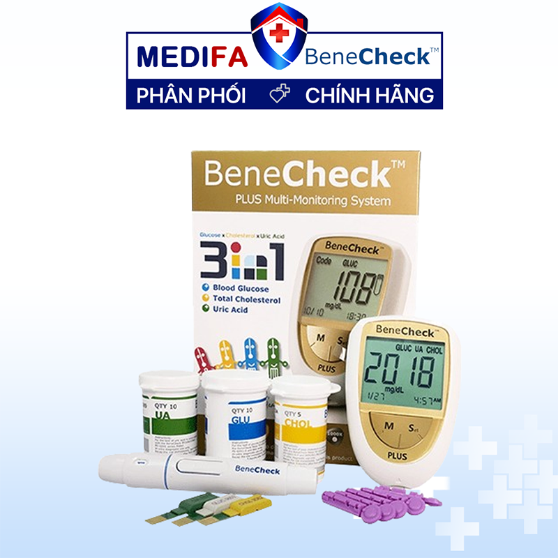 Máy đo 3 in 1 đường huyết, mỡ máu, gout BeneCheck - Trọn bộ