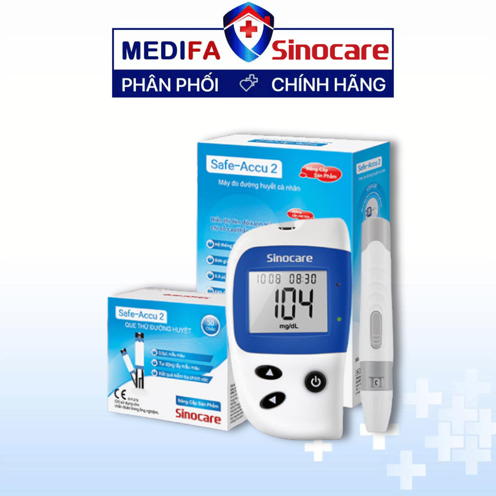 [COMBO] Máy Đo Đường Huyết Sinocare Safe Accu 2 (MMOL/L) Kèm 50 Que Thử & 50 Kim Lấy Máu