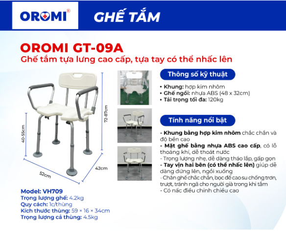 Ghế Tắm Cao Cấp, Có Tựa Tay Và Tựa Lưng Oromi GT-09A