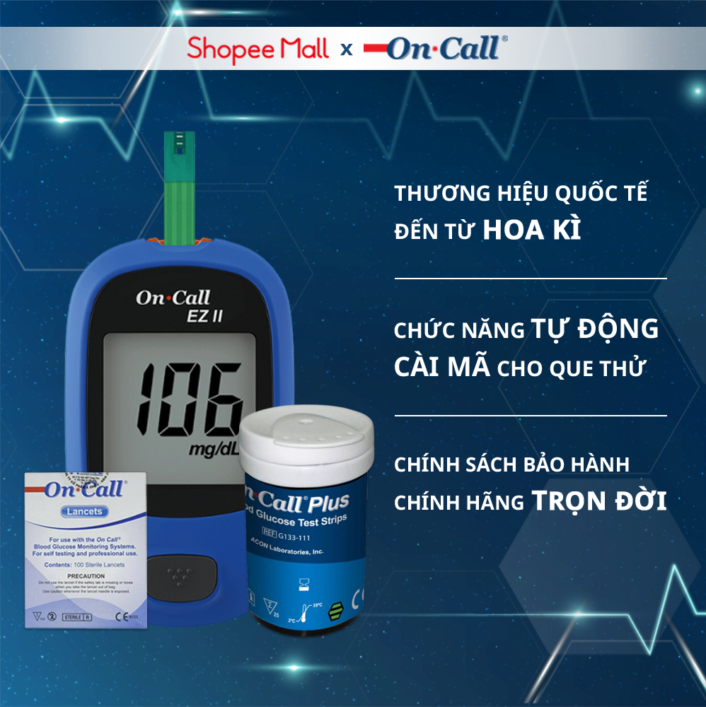 [COMBO] Máy Đo Đường Huyết On Call EZ II (MG/DL) Kèm Hộp Lọ 25 Que Thử, 100 Kim On Call
